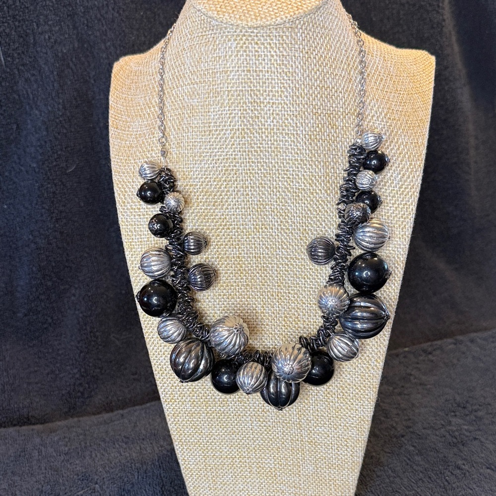 Large Black and Silver Beaded Necklace